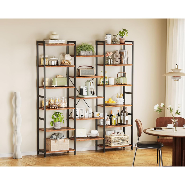Книжкова полиця Coleshome з 17 полицями, металевий каркас, 6 ярусів, промисловий дизайн, стелаж-перегородка з місцем для зберігання, 22 x 125,6 x 177,2 см, окремостояча полиця для офісу, вітальні, спальні, кухні, коричнева, 6 ярусів