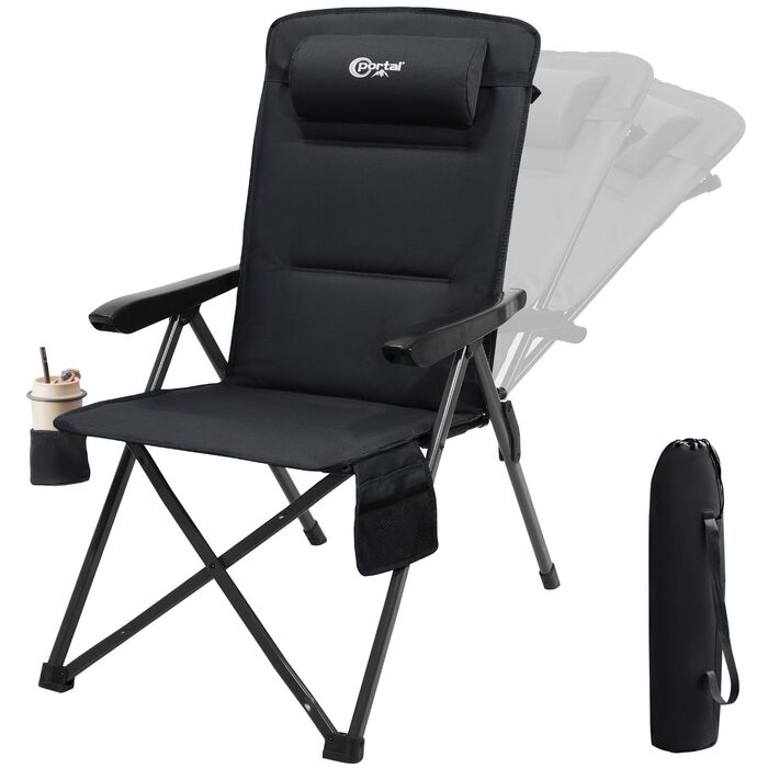 Крісло для кемпінгу Portal, складне, спинка регулюється в 3 положеннях, розкладне крісло, вантажопідйомність 160 кг, висока спинка, крісло для кемпінгу/рибальства, садове крісло, крісло для відпочинку, алюмінієве, для саду, балкону, пікніка, чорне