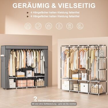 Шафа, тканинна шафа з 4 рейками для одягу, міцна та з 8 відділеннями, складна гардеробна шафа для зберігання одягу в гардеробній спальні (сіра)