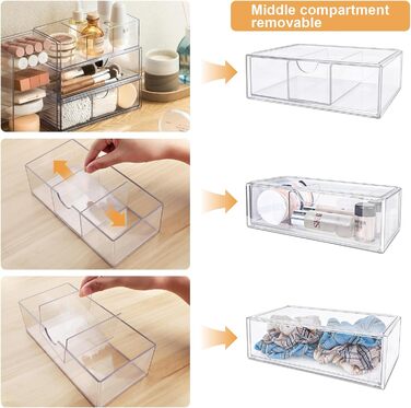 Міні-органайзер для ванної кімнати з шухлядами, комплект з 3 шт. , виготовлений з акрилу, штабелюється, прозорий, для комода, туалетного столика, дзеркальної шафки, всередині, 3 комплекти, 21Г x 21Ш x 10В см
