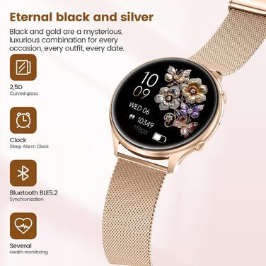 Жіночий круглий смарт-годинник із функцією телефону, фітнес-трекер із сенсорним екраном 1,39 дюйма, пульсометром, монітором SpO2, монітором сну, монітором менструального циклу, понад 120 спортивних режимів, крокоміром для iOS та Android (рожево-золотистий