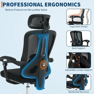 Офісне крісло Garvee з підставкою для ніг, ігрове крісло з сітки, регульоване по висоті, витримує навантаження до 150 кг, ергономічне робоче крісло, регульований підголівник та поперекова опора, надзвичайно широке, зручне чорного кольору