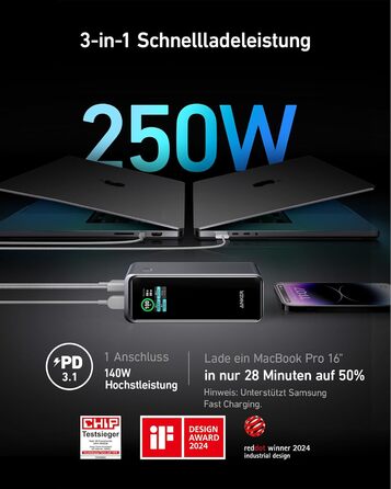 МАг (250 Вт) з зарядною станцією на 100 Вт, 3-портовий павербанк, з додатком, сумісний з MacBook Pro/Air, iPhone 15/14/13 серії, S