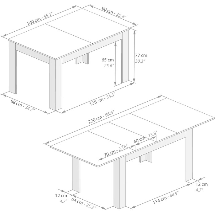Розкладний обідній стіл, 140 (220) x 90 см, колір рустикальний дуб та білий, зроблено в Італії. Колір рустикальний дуб / ясен. Білий.