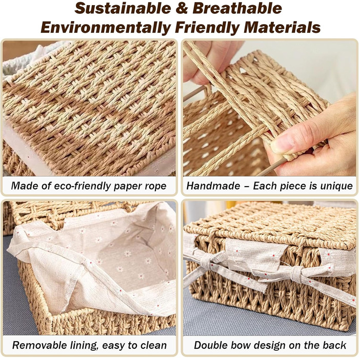 Набір із 3 кошиків для зберігання з кришками плетені кошики з паперової мотузки, 3 розміри, з підкладкою, кошики в стилі бохо для ванної кімнати, іграшок, вітальні та спальні.