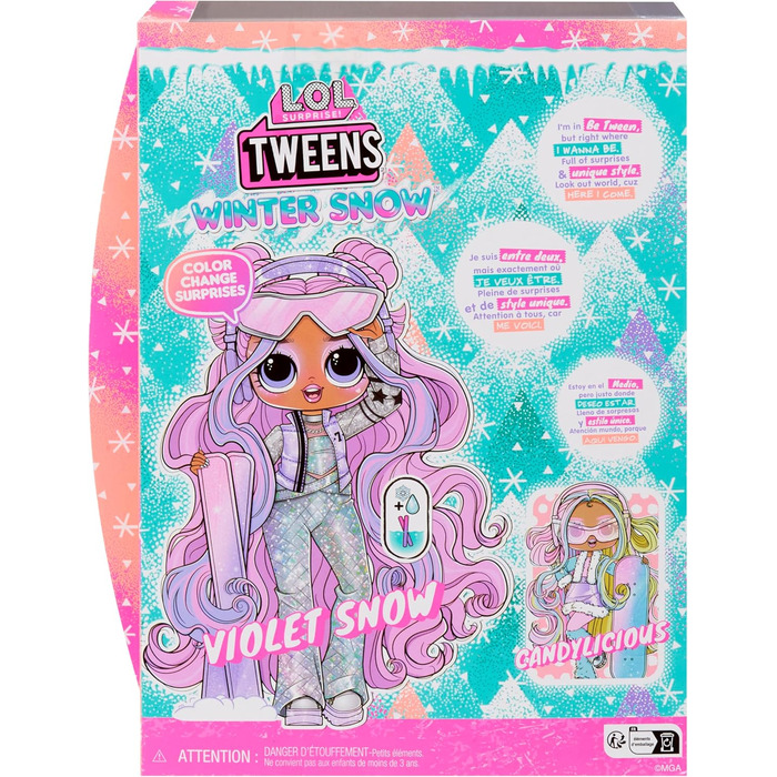 Сюрприз Модна лялька Tweens Winter Snow - Вайолет Сноу з лижами, що змінюють колір, та 10 холодними модними речами та аксесуарами, подарунок для дітей віком від 4 років