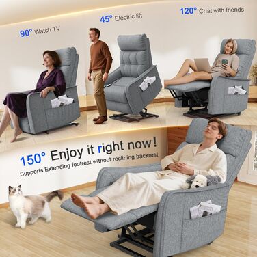 Крісло-відкидка, крісло для телевізора, масажне крісло з підйомником, електричне крісло для вітальні з функцією масажу та підігріву, 2 бічні кишені, крісло-відкидка з функцією відкидання, крісло для телевізора, сірий
