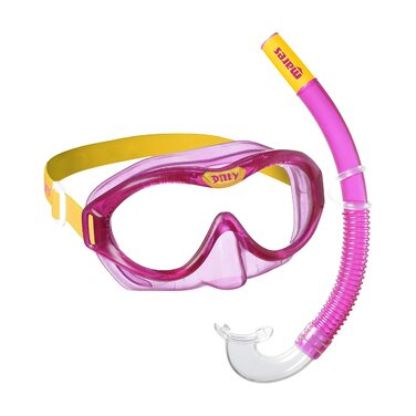 Набір для снорклінгу для дітей 47 років, мяка маска з ТПЕ з гнучкою лінзою, ергономічна трубка з силіконовим мундштуком, один розмір, рожевий/жовтий