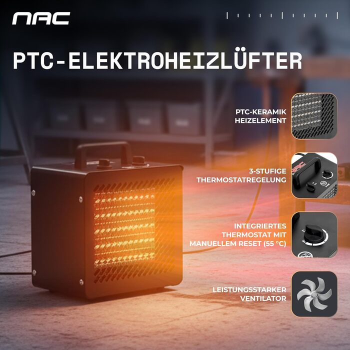 Електричний керамічний вентилятор-обігрівач NAC 3000 Вт - радіаційний обігрівач з термостатом, електричний обігрівач - обігрівач з 3 режимами нагріву, електричний обігрівач для гаража, майстерні, будівельного майданчика - будівельний обігрівач/осушувач по
