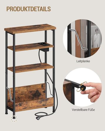 Вузький бічний столик Hzuaneri, 4-ярусний бічний столик для дивана з тримачем для журналів та зарядними розетками, підходить як тумбочка для вітальні або кабінету, вінтажний коричнево-чорний ET40001BEU