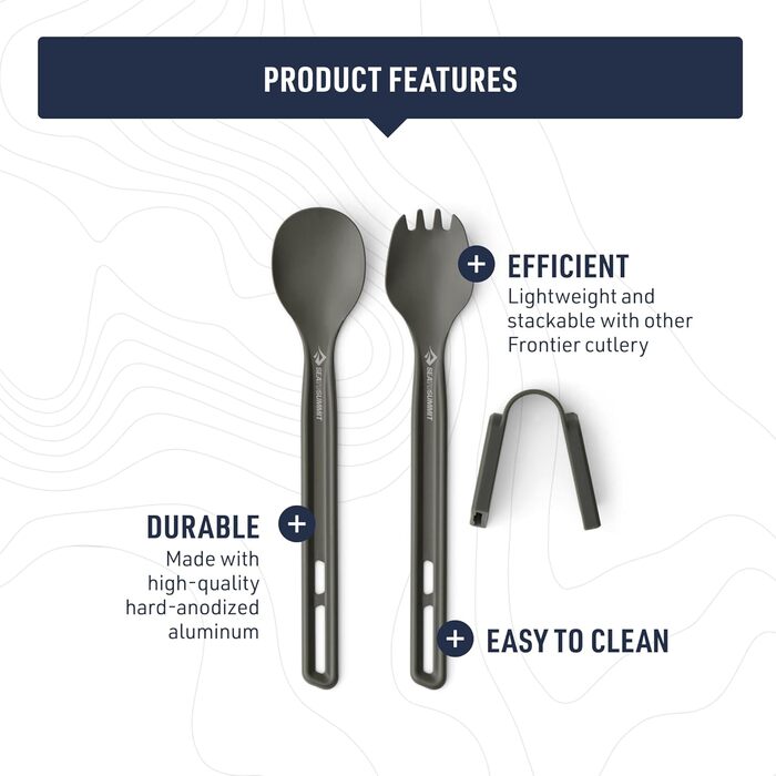 Набір столових приборів Frontier Ultralight - Довга ручка - 1 особа, 2 предмети - Кемпінгова ложка та лопатка тримач - Кемпінговий посуд з твердого анодованого алюмінію - Гладке та матове покриття - Ложка та лопатка 32 г з довгою ручкою