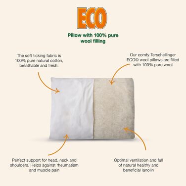 Вовняна подушка Terschellinger 60x70 см - Комплект із 2 подушок - З наповнювачем з 800 грамів натуральної вовни