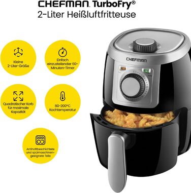 Фритюрниця Chefman TurboFry 1,9 літра, компактний розмір, 60-хвилинний таймер для швидкого та здорового приготування, для картоплі фрі, курки, м'яса, риби, овочів, можна мити в посудомийній машині, чорний