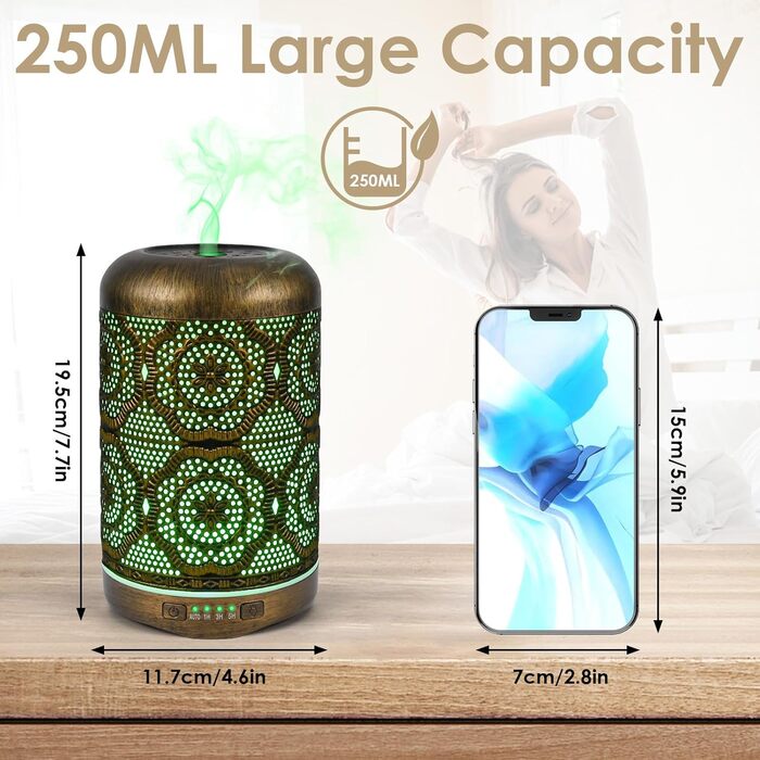 Мл, преміальний ультразвуковий ароматичний дифузор для ефірних олій із 7-кольоровим світлодіодним підсвічуванням, електрична ароматична лампа зволожувача, безводне автоматичне відключення, 250