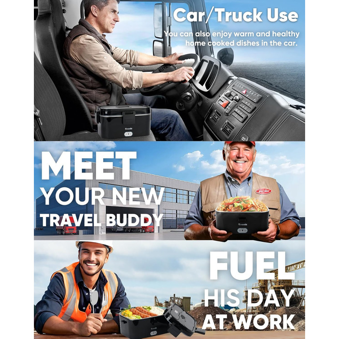 Електричний підігрівач їжі для ланчбоксу Eocolz 100 Вт, підігрівач їжі з подвійним контейнером 1,8 л, портативний підігрітий ланчбокс для автомобіля, вантажівки, роботи, виделка та ложка з нержавіючої сталі 12/24/110 В для дорослих, чорний - 1,8 л