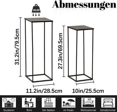 Набір з 2 металевих підставок для квітів VINCIGANT, чорний, підставки для рослин заввишки 70 см та 80 см, штабелюються та міцні, для використання в приміщенні та на вулиці, квіткові табурети, колони для рослин, вітальня, сад, балкон