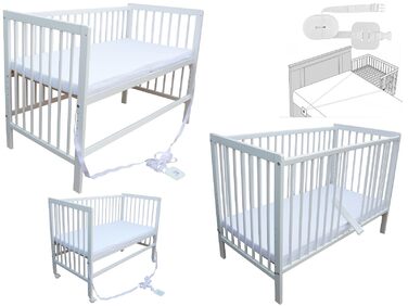 Дитяче ліжко - тумбочка - ліжко-трансформер 120x60 см з ременем, колесами та матрацом (біле з матрацом)