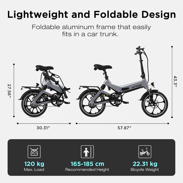 Складаний електровелосипед 16 дюймів, Електричний велосипед з акумулятором 36 В/7,8 Аг, Двигун 250 Вт 25 км/год, Запас ходу 35-70 км, Міський складаний електровелосипед Pedelec для дорослих та молоді, сірий