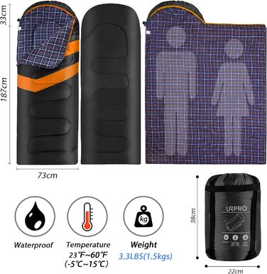 Фланелевий спальний мішок 3-4 сезони 1,6 кг, підходить для зими, осені та весни, виготовлений з порожнистого волокна та приємний для шкіри, водовідштовхувальний, чорний