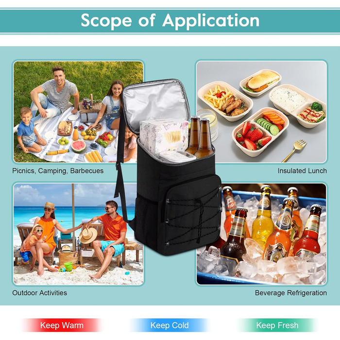 Рюкзак-холодильник, водонепроникний рюкзак-холодильник, велика ізольована сумка-холодильник для обіду для пікніків, кемпінгу, подорожей на природі, барбекю, походів, чорний
