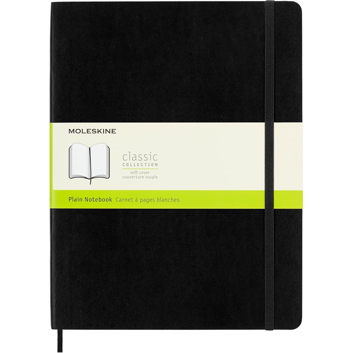 Блокнот Moleskine Classic, Блокнот з білими сторінками, м&39яка обкладинка та еластична застібка, розмір XL 19 x 25 см, колір чорний, 192 сторінки чорного кольору, дуже великий