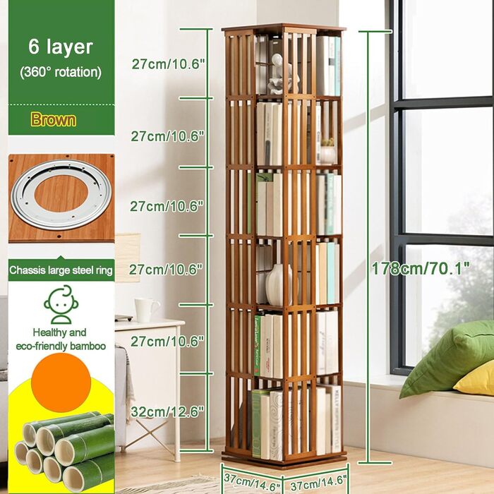 Книжкова полиця, що обертається на 360, з 5/6-ярусною бамбуковою полицею для зберігання, підлогова книжкова шафа-стійка, вітрина для дітей та дорослих, вітальня, кабінет, офіс (6 полиць)