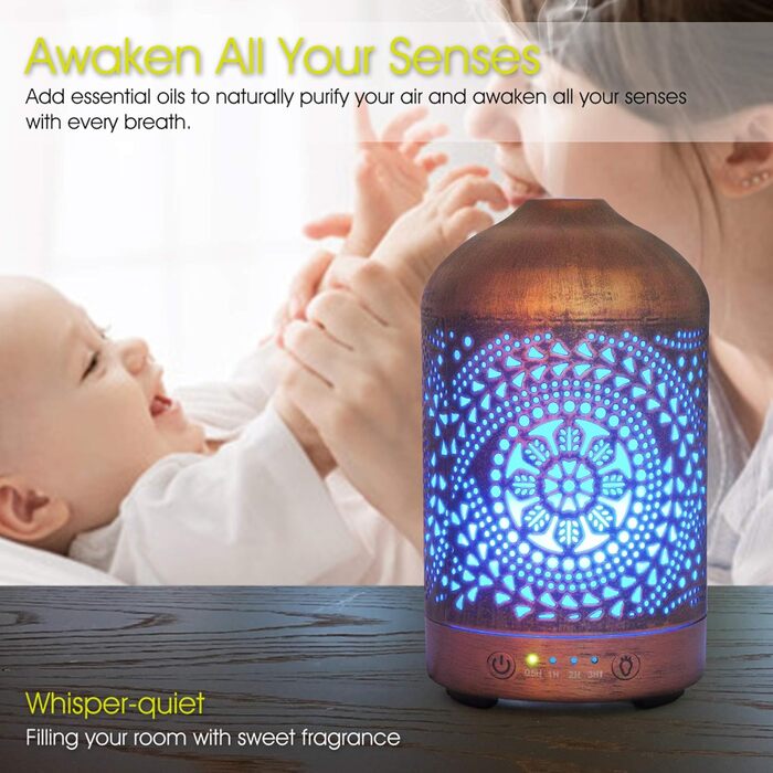 Кімнатний зволожувач повітря для спальні з функцією таймера, освіжувач повітря для квартири з 7 режимами освітлення, електричний металевий дифузор для ароматичних олій, 100 мл