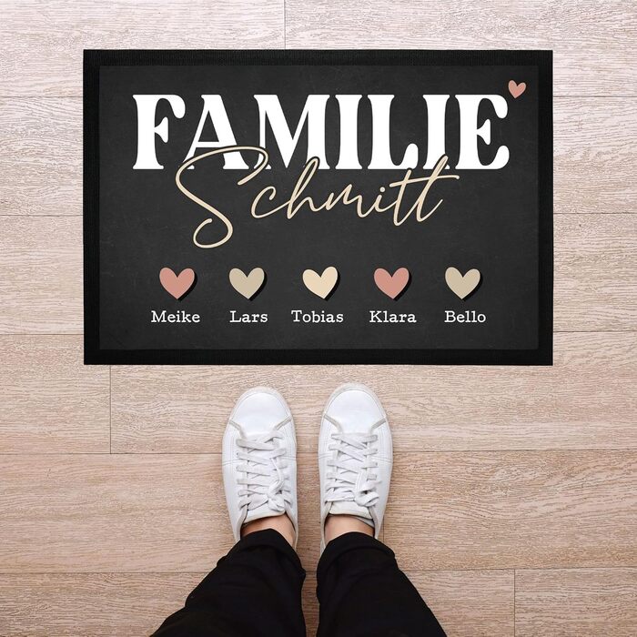 Персоналізований килимок для дверей з іменем родини та дизайном серця, аксесуар для дому, декоративний предмет, нековзний та миється, чорний, 60x40 см, дизайн сімейного серця, чорний