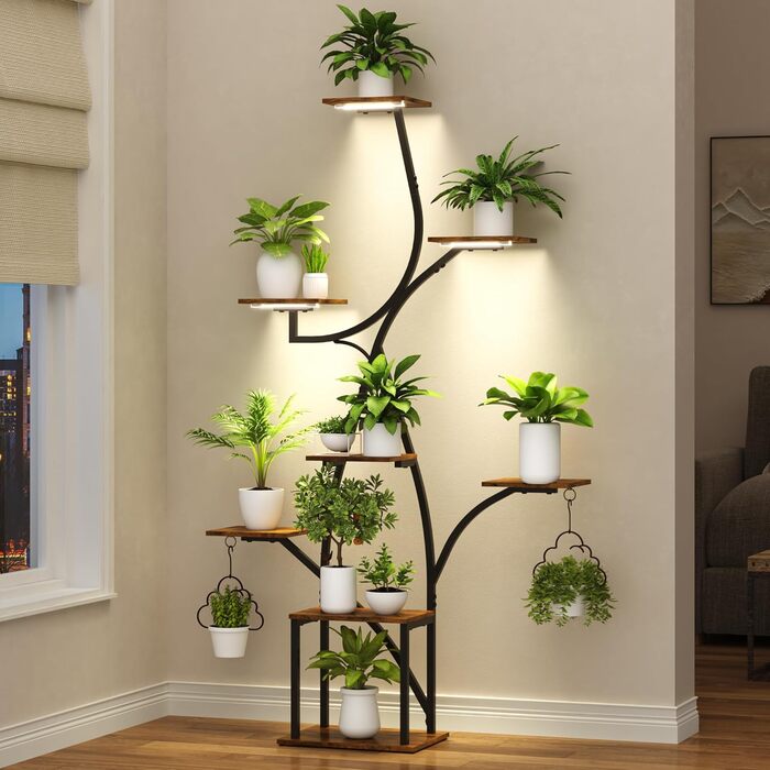 Підставка для рослин з лампою для вирощування, 8-ярусна квіткова полиця 160 см з металу та дерева, велика чорна квіткова полиця для використання в приміщенні та на вулиці, для вітальні, саду, балкону, декоративна, ширина 38 дюймів