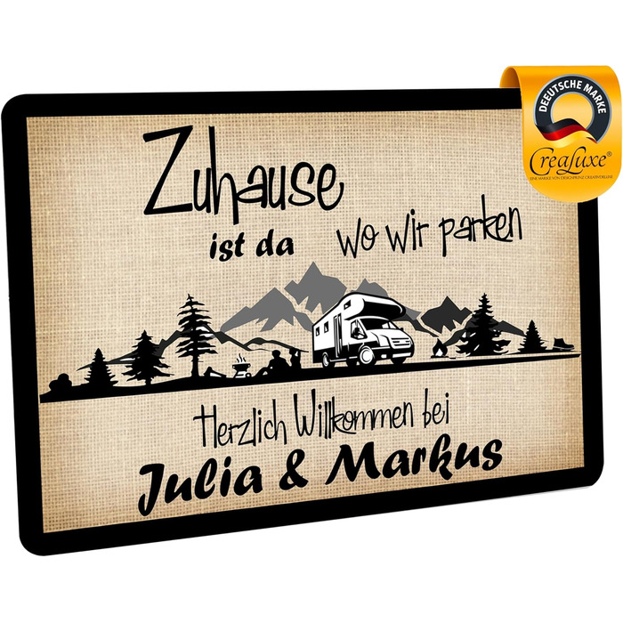 Персоналізований килимок для дверей з власним текстом/назвою - Дім там, де ми паркуємося - Автофургон - 60x40 см, килимок для кемпера, нековзний, подарунки для кемпінгу, паркування для дому, автофургон з назвою