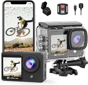 Сенсорний екран TIMNUT 4K Action Cam - подвійний екран 40M підводна камера 170 ширококутна шоломна камера 20MP водонепроникні екшн-камери з дистанційним керуванням, 2 батареями та комплектом аксесуарів