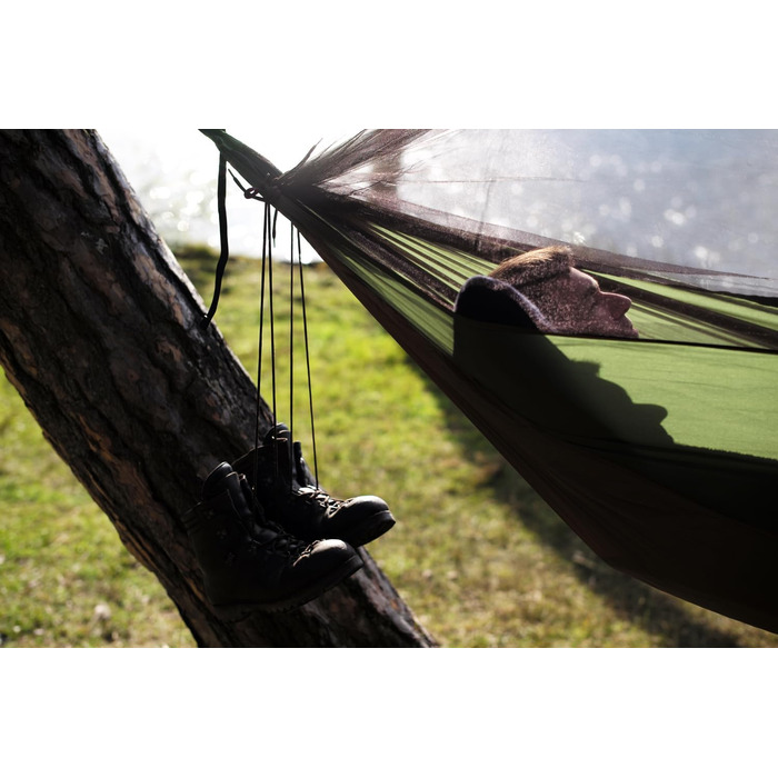 Гамак StoreoAS Ultra-Light Adventure Mosquito Thermo 470 г з москітною сіткою та відділенням для сну, дорожній гамак, просочений засобом від комах, 275x140 см, до 150 кг, зелено-коричневого кольору, одномісний