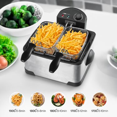 Фритюрниця Clatronic Double Cold Zone FR 3195, 2 маленькі та один великий кошики для смаження, 4 літри, 2000 Вт, нержавіюча сталь