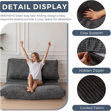 Ліжко-мішок MAXYOYO, розкладне, вельветовий диван-ліжко, матрац для дорослих, надзвичайно товстелезне, складається в 4 сторони, диван-ліжко для спальні, вітальні, антрацитово-сірий, 135 x 240 см