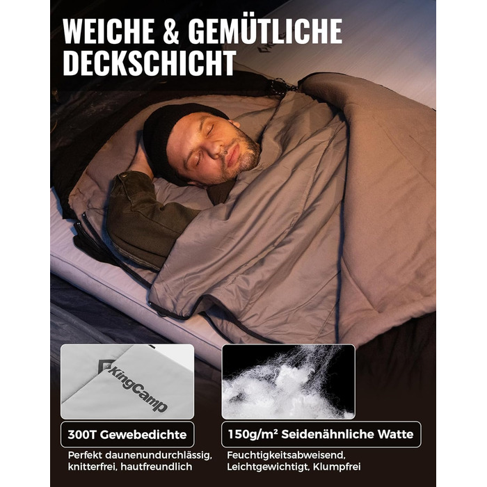 Пуховий спальний мішок KingCamp для дорослих, теплий легкий зимовий спальний мішок від 4C до -20C, 100 бавовняна тканина, 4-сезонний спальний мішок, підходить для кемпінгу та походів, 220x80 см, комфорт 1C / гранична температура -5C / екстремальна темпера