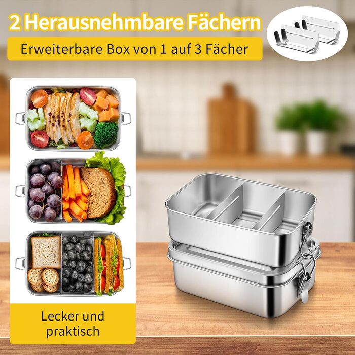 Набір металевих ланчбоксів Joyfair з роздільниками, 2 шт. Бенто-бокси з нержавіючої сталі зі знімними перегородками для дорослих та дітей, герметичні, для кемпінгу, пікніків, подорожей та роботи 850 мл 850 мл