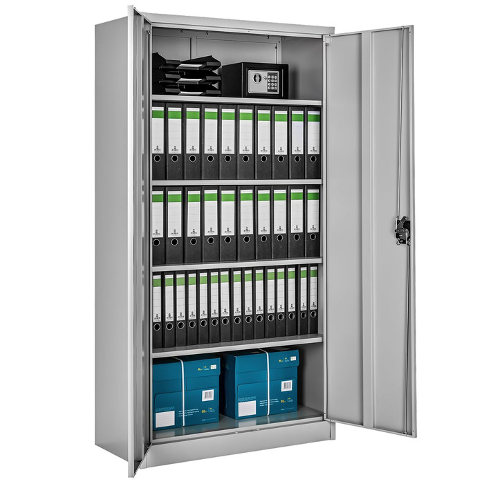 Картотечна шафа tectake, 180 x 90 x 40 см, офісна шафа, що замикається, багатоцільова сталева шафа, універсальна шафа, з 2 дверима, включаючи 5 полиць з регульованою висотою, картотечна шафа, що замикається - сіра