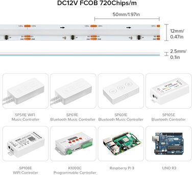 Гнучка світлодіодна стрічка COB високої щільності WS2811 IC світлодіодна стрічка 5M 630 світлодіодів/м 14 Вт/м DC24V IP30 Карбування кольору Прикраса своїми руками (не контролер вмісту та блок живлення) (Біла друкована плата, DC12V 3M 720 світлодіодів/M)