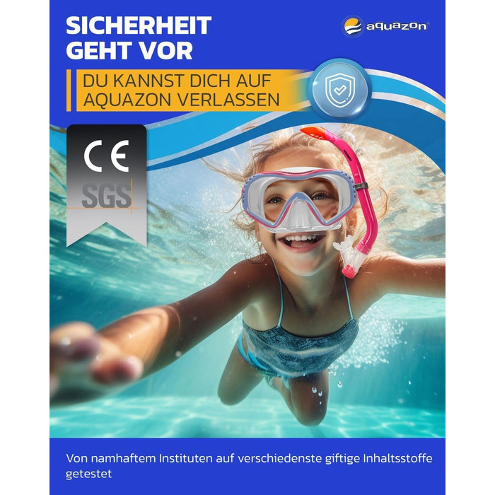 Дитячий комплект для підводного плавання AQUAZON Starfish - Маска для дайвінгу з надзвичайно зручною текстильною пов&39язкою на голову - 7-12 років - включаючи трубку, супер прозоре загартоване скло, синє