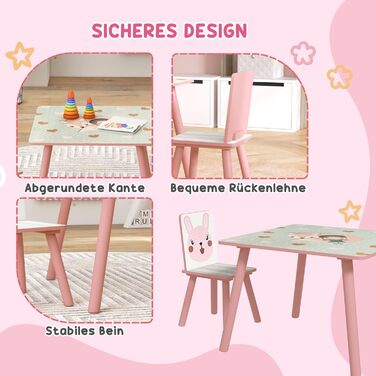 Дитячий стіл з 2 стільцями, 3-предметний дитячий комплект сидіння з мотивом тварин, комплект дитячого столу та стільців, комплект дитячих меблів для сидіння в дитячих кімнатах, для дітей 3-8 років, рожевий
