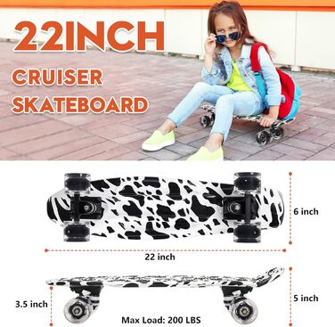 Скейтборд CLYCTIP, 22-дюймовий повноцінний міні-крейсерський скейтборд з різнокольоровими миготливими колесами та підшипниками ABEC-11 для дітей, хлопчиків, дівчаток, початківців, білий-BD