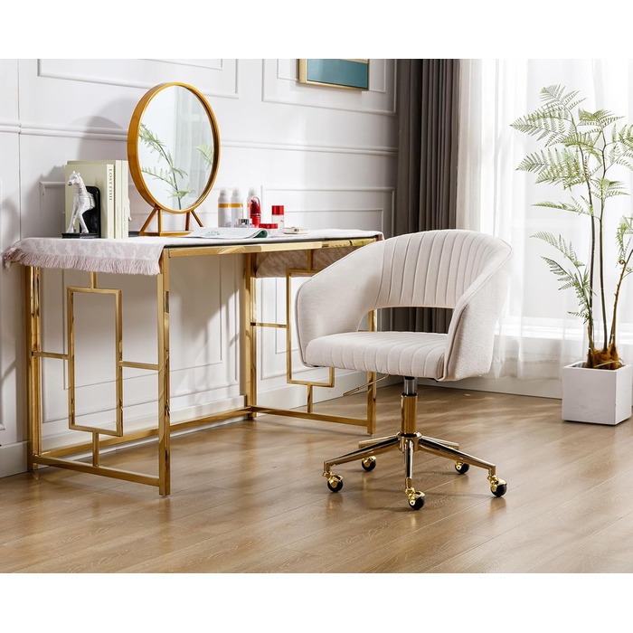 Офісний стілець з шенілу, ергономічне робоче крісло з підлокітниками, обертове крісло з колесами, туалетний стілець, регульована висота для домашнього офісу та офісу, бежевий