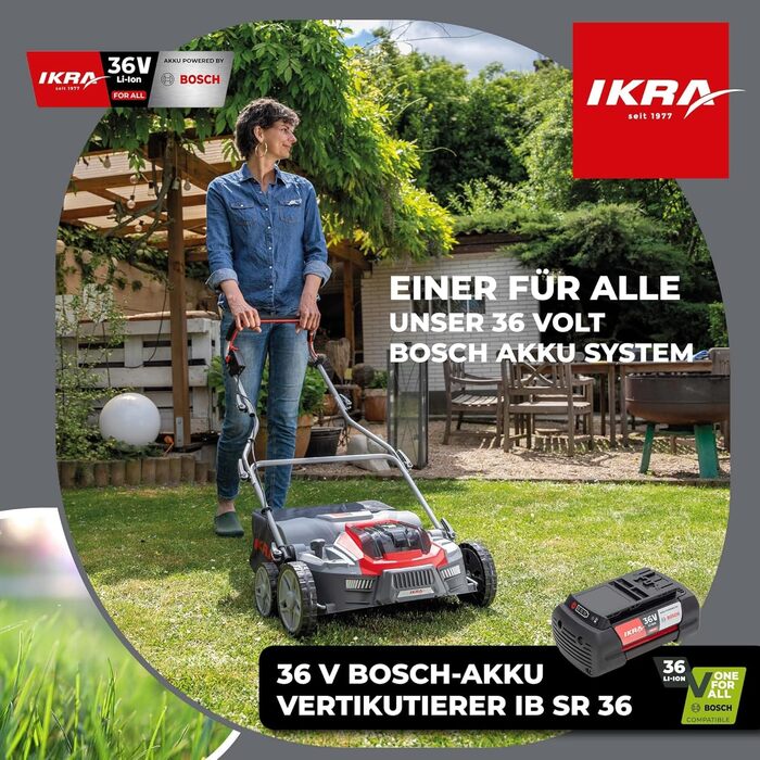 В-1 Аератор-Вертикуттер-Скарифікатор 36В IB-SR 36, мішок для збору трави 45л, ширина захвату 36см, без акумулятора та зарядного пристрою, сумісний з Bosch, 3-