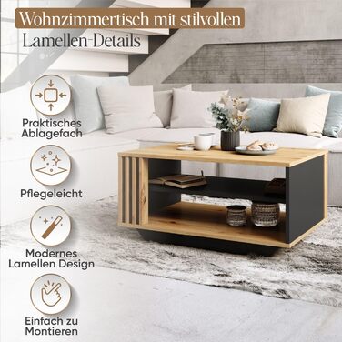 Журнальний столик Viosimc, стіл для вітальні з сучасними ламелями, сучасний та стильний прямокутний журнальний столик з полицею, стильне доповнення до будь-якої вітальні дуб Artisan та антрацит Artisan Anthracite