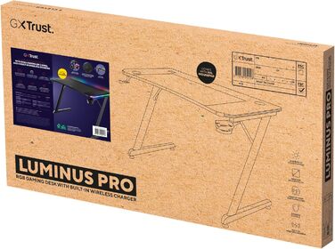 Ігровий стіл Trust Gaming GXT 710 Luminus Pro 120x60 з RGB LED, вбудованим бездротовим зарядним пристроєм 10 Вт, 10 колірними режимами, ігровий стіл з підсклянником, гачком для навушників - чорний 120x60 см - Pro Edition Black