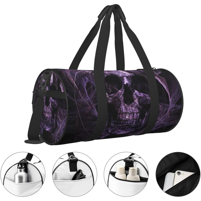 Дорожня сумка Тропічний пляж пальми, захід сонця, кругла форма, велика місткість, легка та міцна, ідеальний подарунок для подорожей, відпустки, ділових поїздок та іншого. Дизайн фіолетовий череп, універсальний розмір.