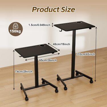 Мобільний стіл з регульованою висотою та колесами, Невеликий комп&39ютерний стіл з регульованою висотою, Стіл для роботи стоячи, 65 x 48 см, Чорний
