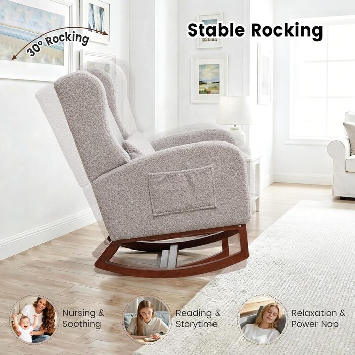 Крісло-гойдалка з підставкою для ніг, крісло-гойдалка, м&39яке крісло для годування з дерев&39яними ніжками та боковими кишенями, крісло для годування з високою спинкою для вітальні, спальні, дитячої кімнати (оксамитовий світло-сірий)