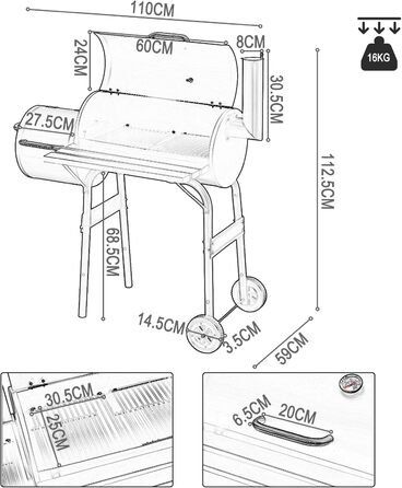 Вугільний гриль Laneetal з кришкою та візком на колесах, металевий садовий гриль з робочою поверхнею для кемпінгу та відпочинку на природі, чорний
