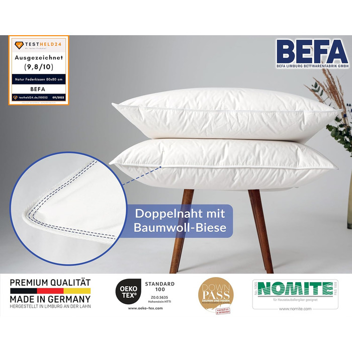 Подушка BEFA NATUR з пір&39я 40x80 см надзвичайно жорстка Подушка 100 пір&39я Вага наповнювача 1500 г Гіпоалергенна (NOMITE) Сертифікована для тварин (DOWNPASS) Oeko-TEX Клас 1 Зроблено в Німеччині 40x80 см